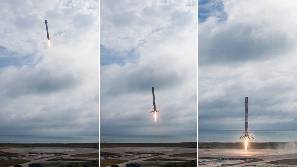 Lądowanie Falcon 9. Widać, że rakieta dopiero w ostatnim momencie rozkłada nogi i ustawia się pionowo
